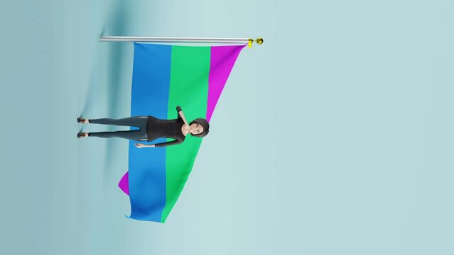 Female animation charachter standing and waving in front of the Polysexual flag in a blue background.