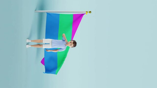 Polysexual flag behind a male charachter waving his hand animation vertical video.