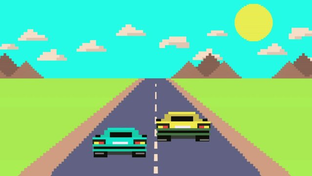 Retro pixel art style sport race car video game cartoon. clean arcade game animation