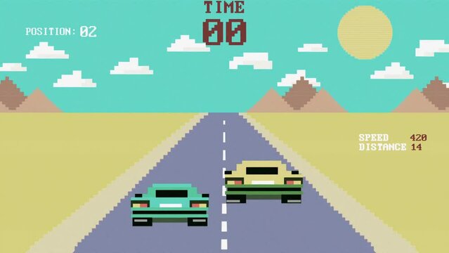 Retro Pixel Art Style Race Car Video Game 2D Vintage Animation