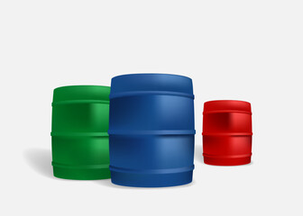 Red, blue and green metal barrels. 3D vector objects