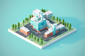 Hospital isometric on earth.3d rendering