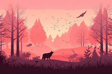 Magic misty forest in silhouette of bear. Trees, deer on meadow in grass, birds. Pink and orange wild landscape