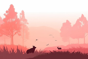 Magic misty forest in silhouette of bear. Trees, deer on meadow in grass, birds. Pink and orange wild landscape