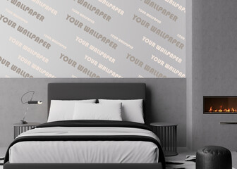 Wallpaper presentation mock up. Modern bedroom with copy space for wallpaper design, wall panels, photo wallpaper, print or paint. Interior wall mockup. Show, display. 3D rendering.