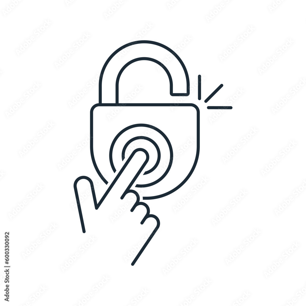 Poster a hand with an outstretched finger presses the lock button. unlock. get access. vector linear icon i