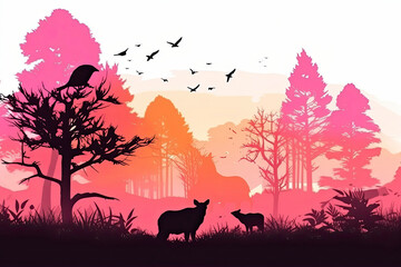 Magic misty forest in silhouette of bear. Trees, deer on meadow in grass, birds. Pink and orange wild landscape