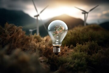 Bulb powered by wind turbine, emphasizing renewable energy. Generative AI