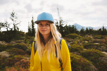 Woman portrait travel outdoor girl traveler hiking active healthy lifestyle summer vacations
