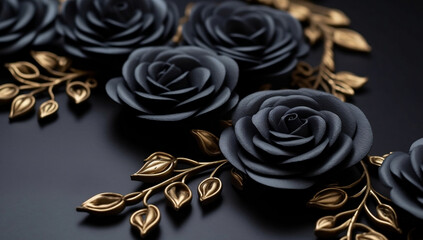 Abstract black rose flowers with gold color leaves made with paper material. Dark background and center-focused. Generative AI