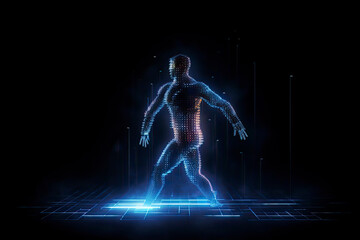 Fototapeta na wymiar Man figure consisting of glowing pixels runs through darkness