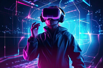 Abstract image of woman using VR headset - 3D generated image.