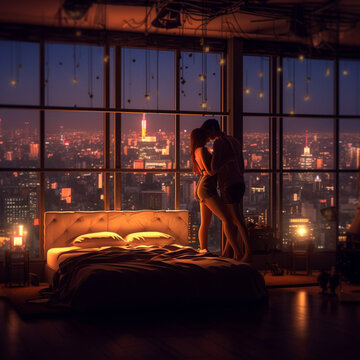 couple, young lady, kiss, hug, bed, Manshon, hotel, tower, high floor, bed, nice view, sex, night view, night (65)