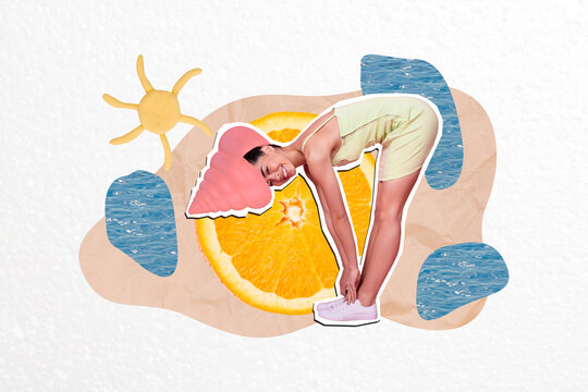 Creative collage image of cheerful funky girl head seashell stretching tie shoe laces big orange slice plasticine sun water sand