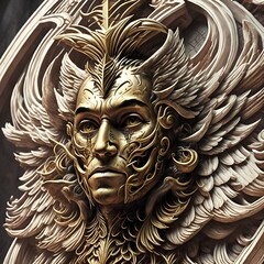 sculpture of angel gold metallic face character with wings around