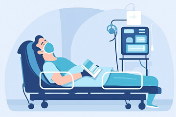 Patient on ventilator life-support wearing oxygen mask lying on hospital bed. Intensive care unit COVID disease