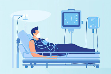 Patient on ventilator life-support wearing oxygen mask lying on hospital bed. Intensive care unit COVID disease