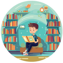 Children reading education ib library, 2d simple flat design