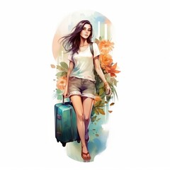 Digital illustration in a watercolor style. Young pretty sexy girl in fashion clothes with luggage, bag. Summer season. AI generation
