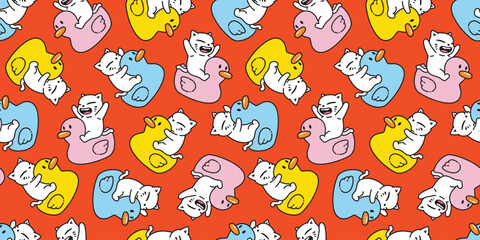 cat seamless pattern kitten duck rubber inflatable swimming ring calico neko doodle vector pet cartoon gift wrapping paper tile background repeat wallpaper scarf isolated illustration design