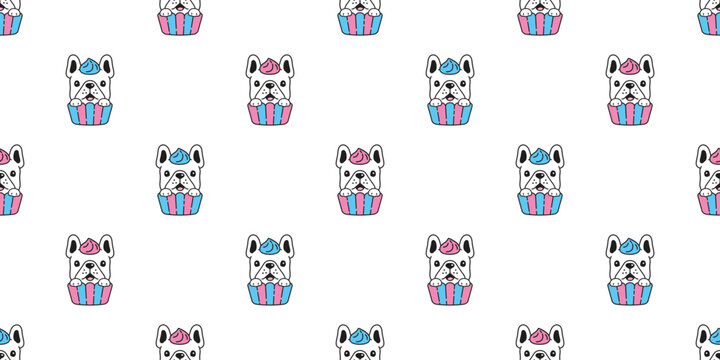 dog seamless pattern french bulldog scarf cupcake bakery food pet puppy doodle vector cartoon gift wrapping paper tile background repeat wallpaper scarf isolated illustration design
