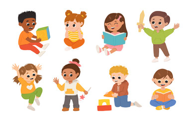 Children, kids play together having fun, fooling around in fine good mood, on playroom, playground. Preschool kids have fun. Children's activity in the kinder garden, primary school.