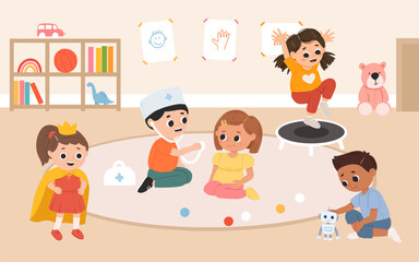 Kids play toys and games together in kindergarden. Cartoon playroom with children.