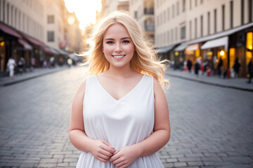 A curvy woman with bags goes shopping in the store of the city. Generative AI