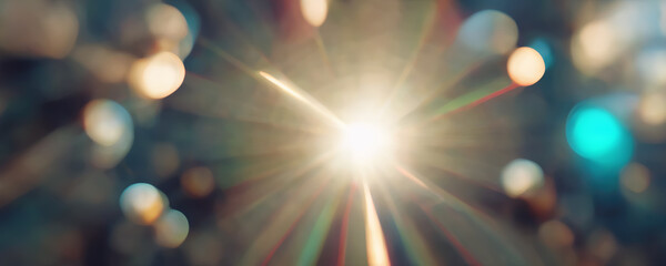 Sunlight rays. Lens flare. Bokeh light. Defocused blue orange color shiny glowing round flecks spotlight beam glare art illustration abstract background.