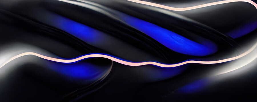 Blur glare. Glowing background. Light wave. Defocused neon blue white color curve lines trail on dark black futuristic abstract art illustration with free space.