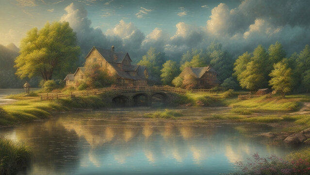 Wet scenic waterscape countryside, painting, Generative AI illustrations