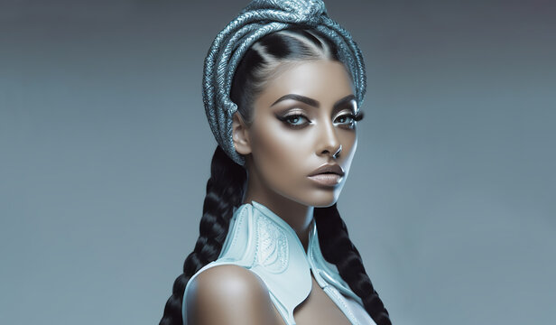 Beautiful woman futuristic sci fi style portrait.  Hair in braids