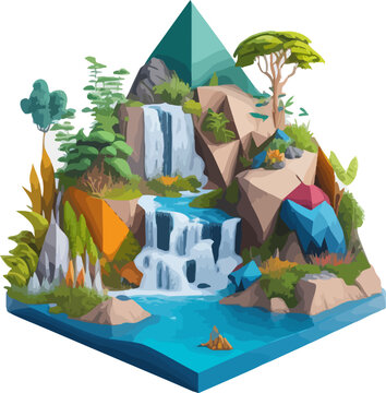 A vibrant 3D pyramid-shaped colorful realistic illustration painting of a sustainable ecosystem, featuring waterfall, a variety of plants, and rocks in a bright white background