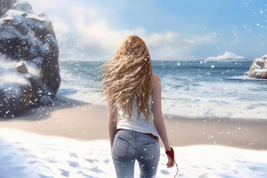Shot of a beautiful girl from the back. She is standing on a snowy beach, snow everywhere. Generative AI illustration