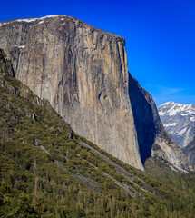Iconic El Capitan rock formation with snow in Yosemite National Park, California
