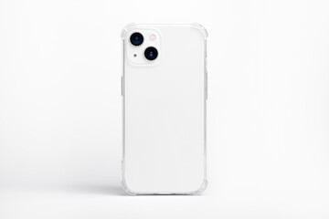 white iPhone 14 in clear transparent soft silicone case back view. Phone case mockup isolated on grey background