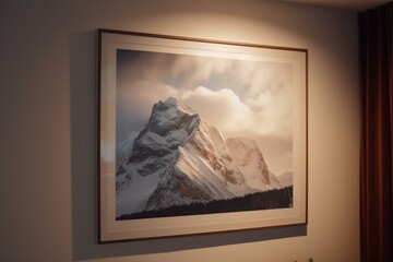 A snowy mountain painting in a white frame on a wall. Generative AI
