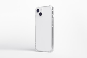 Phone case mock up side view. white iPhone 14 in clear transparent soft silicone case isolated on grey background, rotated position. Smartphone perspective view