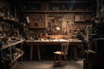 Indoor background of a woodcraft studio with abstract carpentry designs, featuring available copy space. Generative AI - obrazy, fototapety, plakaty
