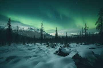 Wilderness with glowing aurora borealis. Green sky and open area for text. Generative AI
