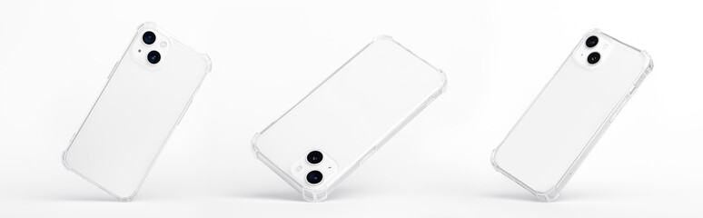 set of three white iPhone 14 in transparent clear soft silicone case falling down in different angles, back view isolated on grey background, phone case mockup