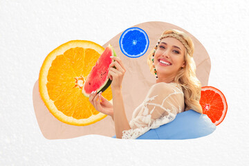 Artwork collage picture of positive carefree girl hands hold watermelon big orange grapefruit...