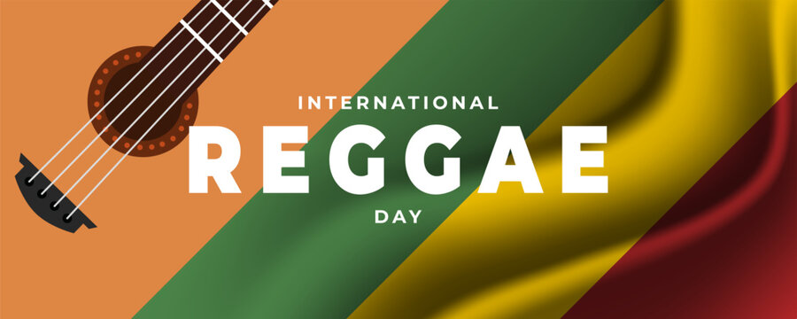 International Reggae Day on 01 July Banner Background. Acoustic Guitar and Reggae Flag Concept. Horizontal Banner Template Design. Vector Illustration