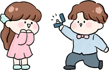 나비넥타이와 정장을 입고 무릎을 꿇어 사랑하는 사람에게 프로포즈하는 남자.