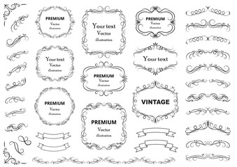 Calligraphic design elements . Decorative swirls or scrolls, vintage frames , flourishes, labels and dividers. Retro vector illustration