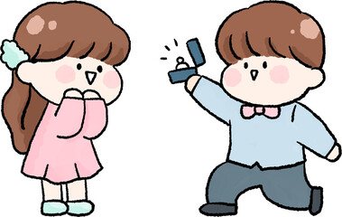 나비넥타이와 정장을 입고 무릎을 꿇어 사랑하는 사람에게 프로포즈하는 남자.