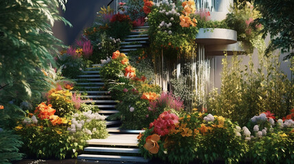 modern urban garden, with green plants and colorful flowers growing in a metal structure that is part of a skyscraper. generative ai