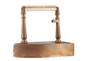 An old iron made of brass with a wooden handle. On a transparent background.