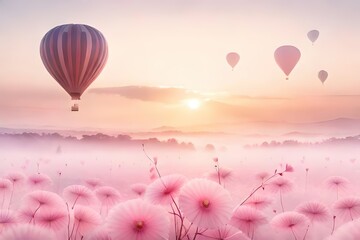 Obraz premium Heißluftballons - surreale, abstrakte und moderne ansprechende Illustration, Soft Farben, verwaschene Hintergründe