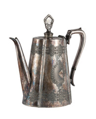 Old metal tea pot with decorative floral motif. On a transparent background.